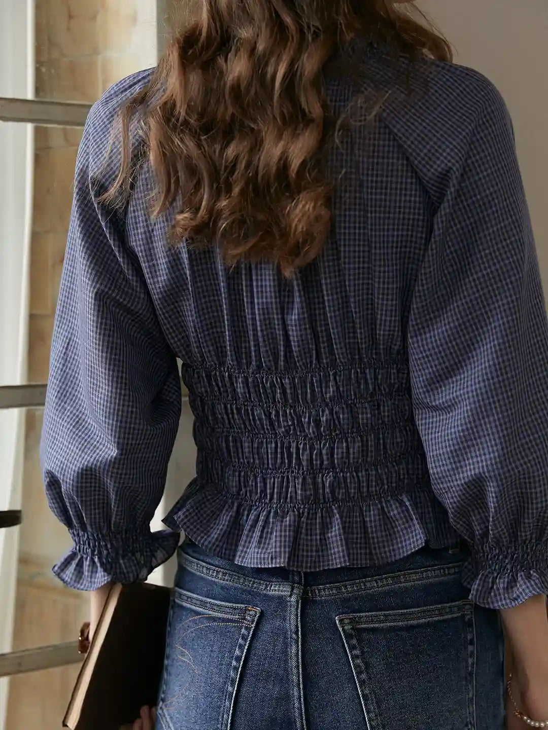 Nyra Round Neck Plaid 100% Cotton Blouse