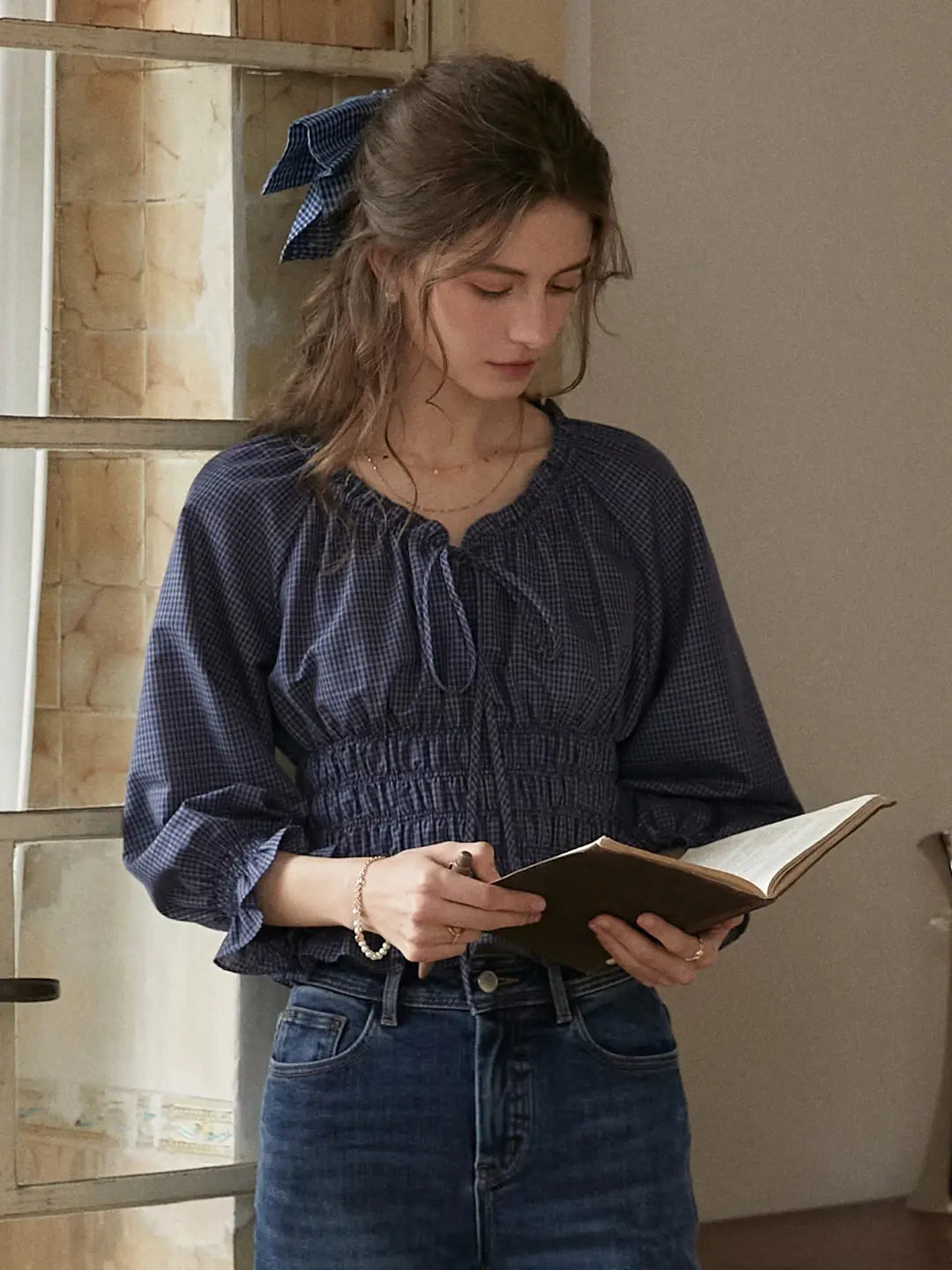 Nyra Round Neck Plaid 100% Cotton Blouse