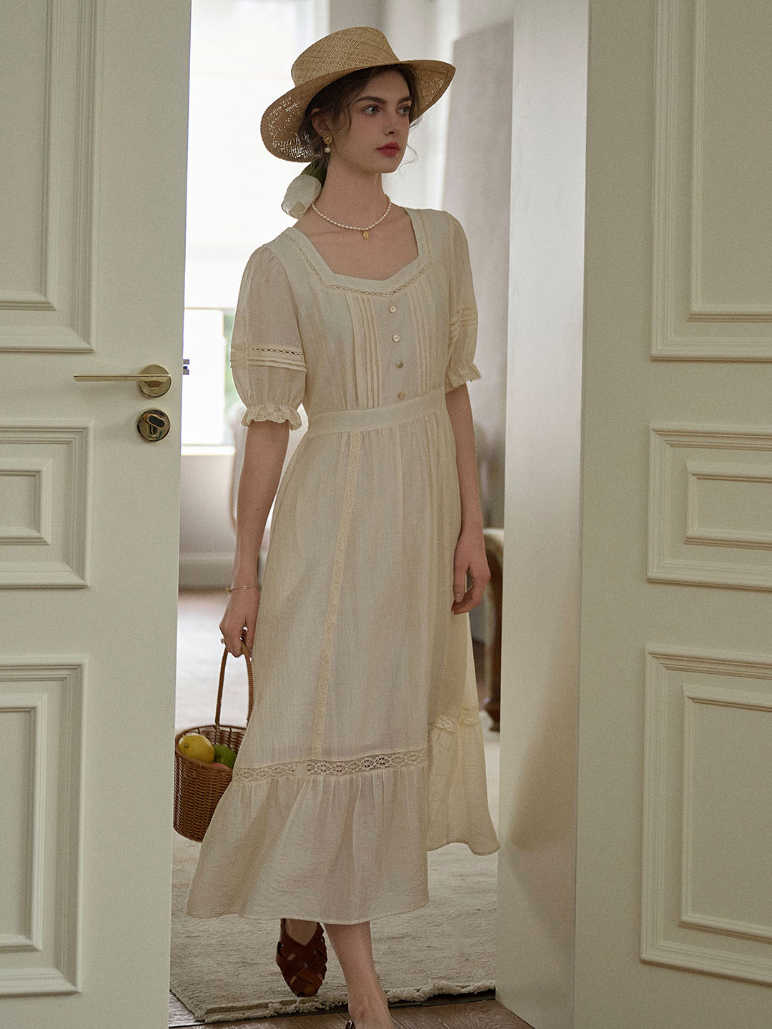 Serena Square Neck Puff Sleeve Lace Hollow Dress- Off White