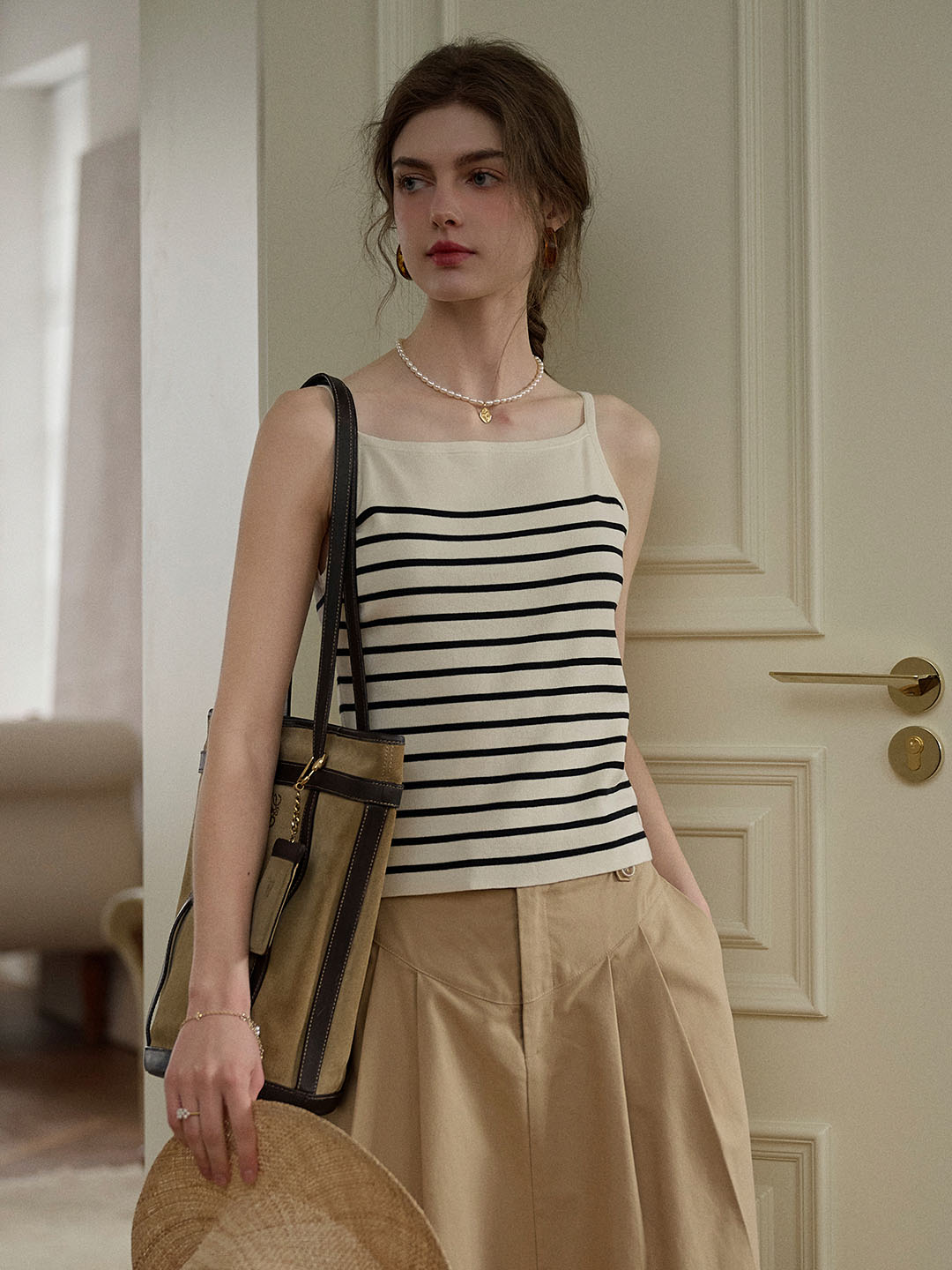 【Final Sale】Charlee Simple Square Neck Striped Sling Knitted Top