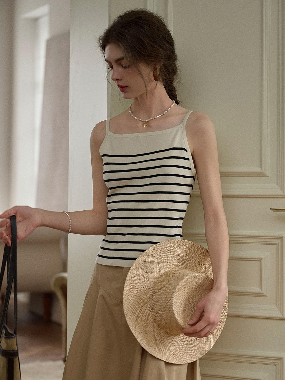 【Final Sale】Charlee Simple Square Neck Striped Sling Knitted Top