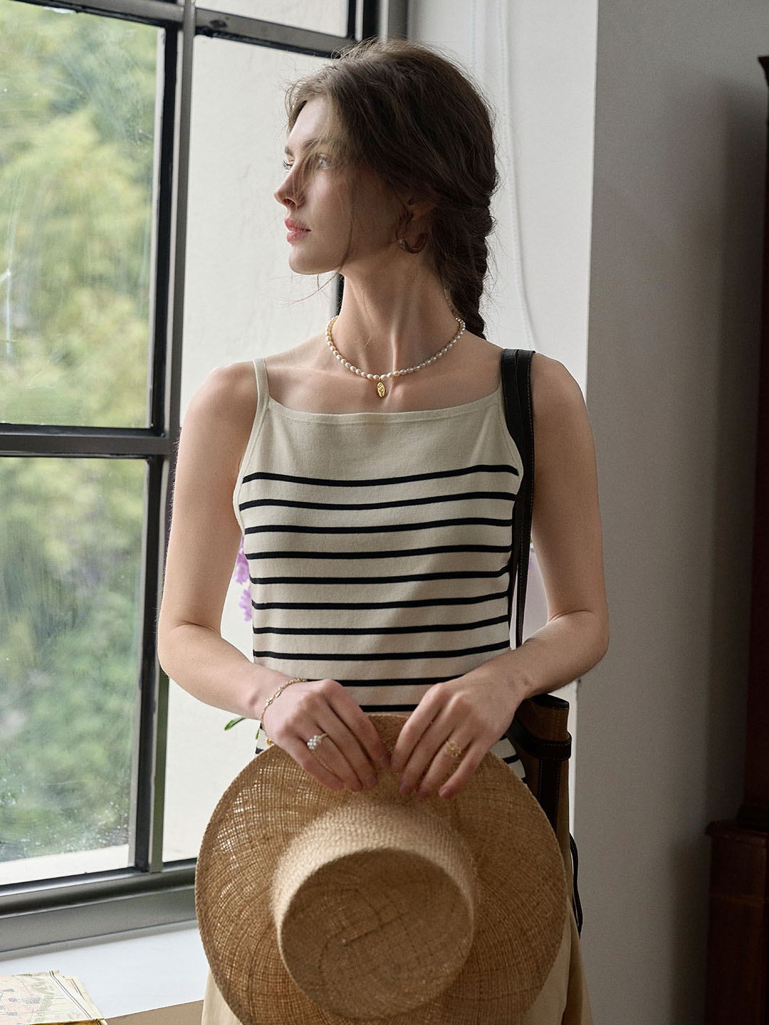 【Final Sale】Charlee Simple Square Neck Striped Sling Knitted Top