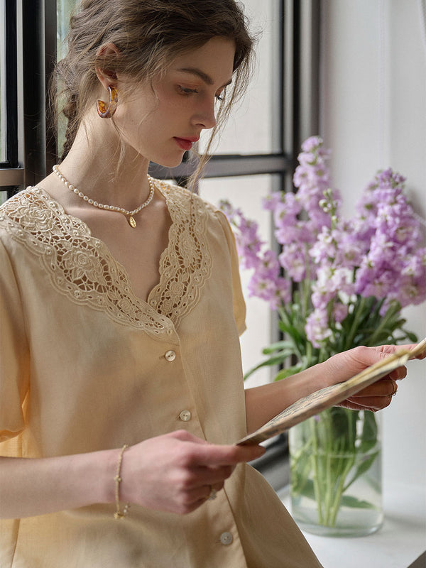 Reign Hollow Embroidered V-neck Lace Puff Sleeve Blouse