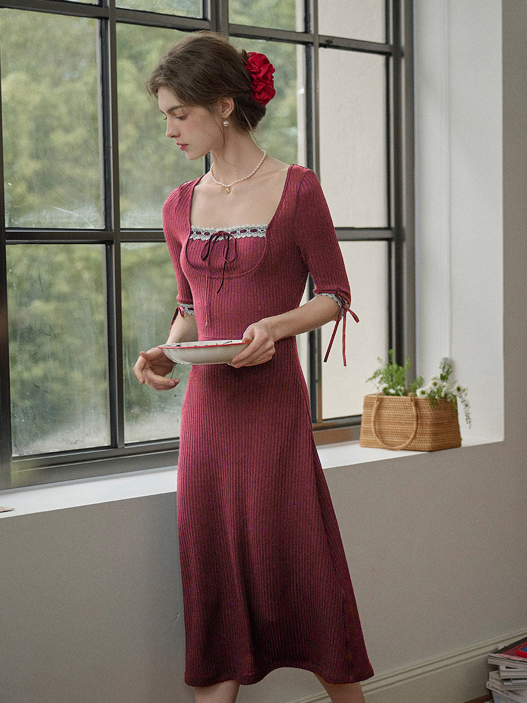 【Final Sale】Eleanora Elegant Square Collar Lace-up Knit Dress