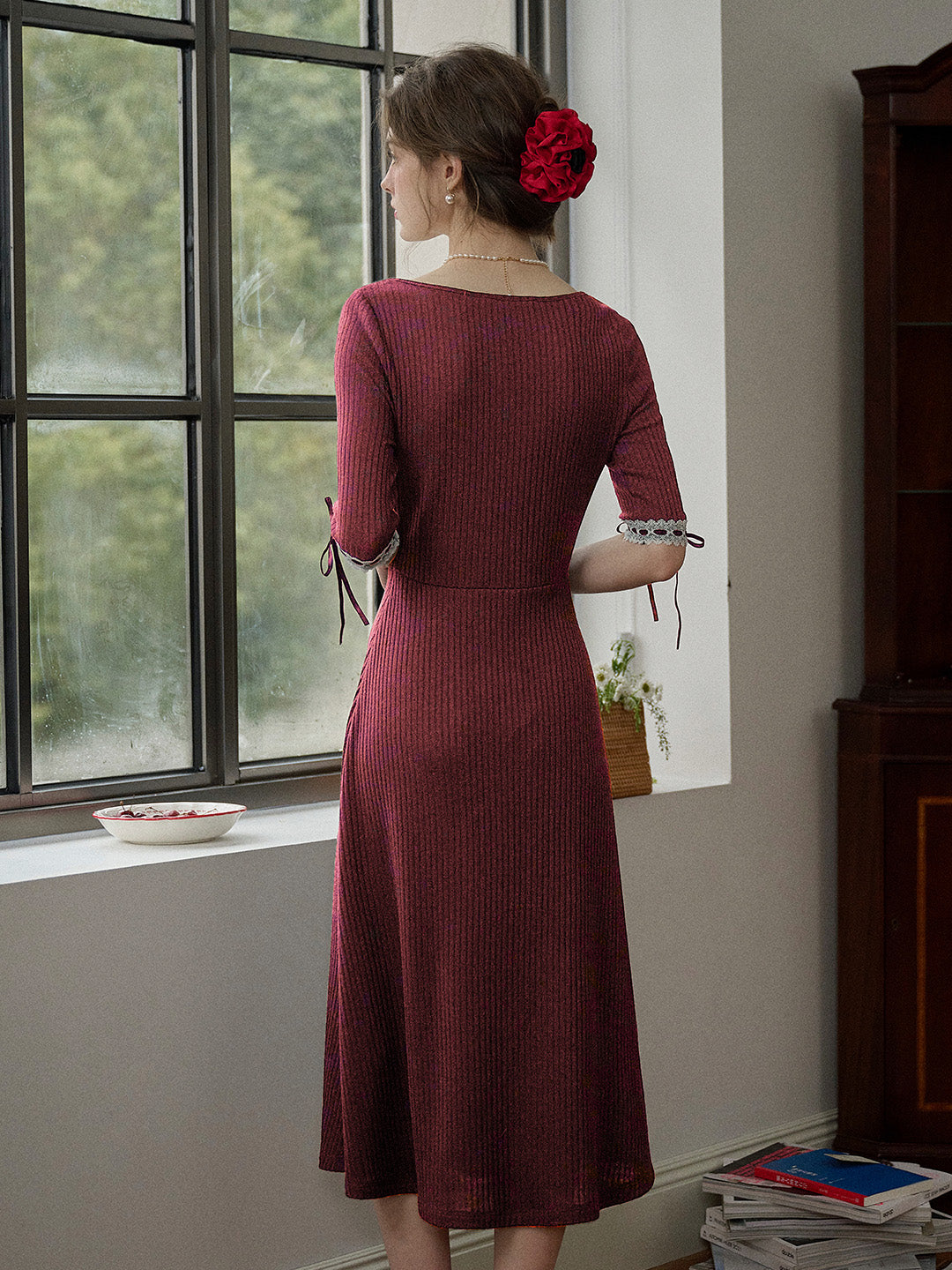 【Final Sale】Eleanora Elegant Square Collar Lace-up Knit Dress