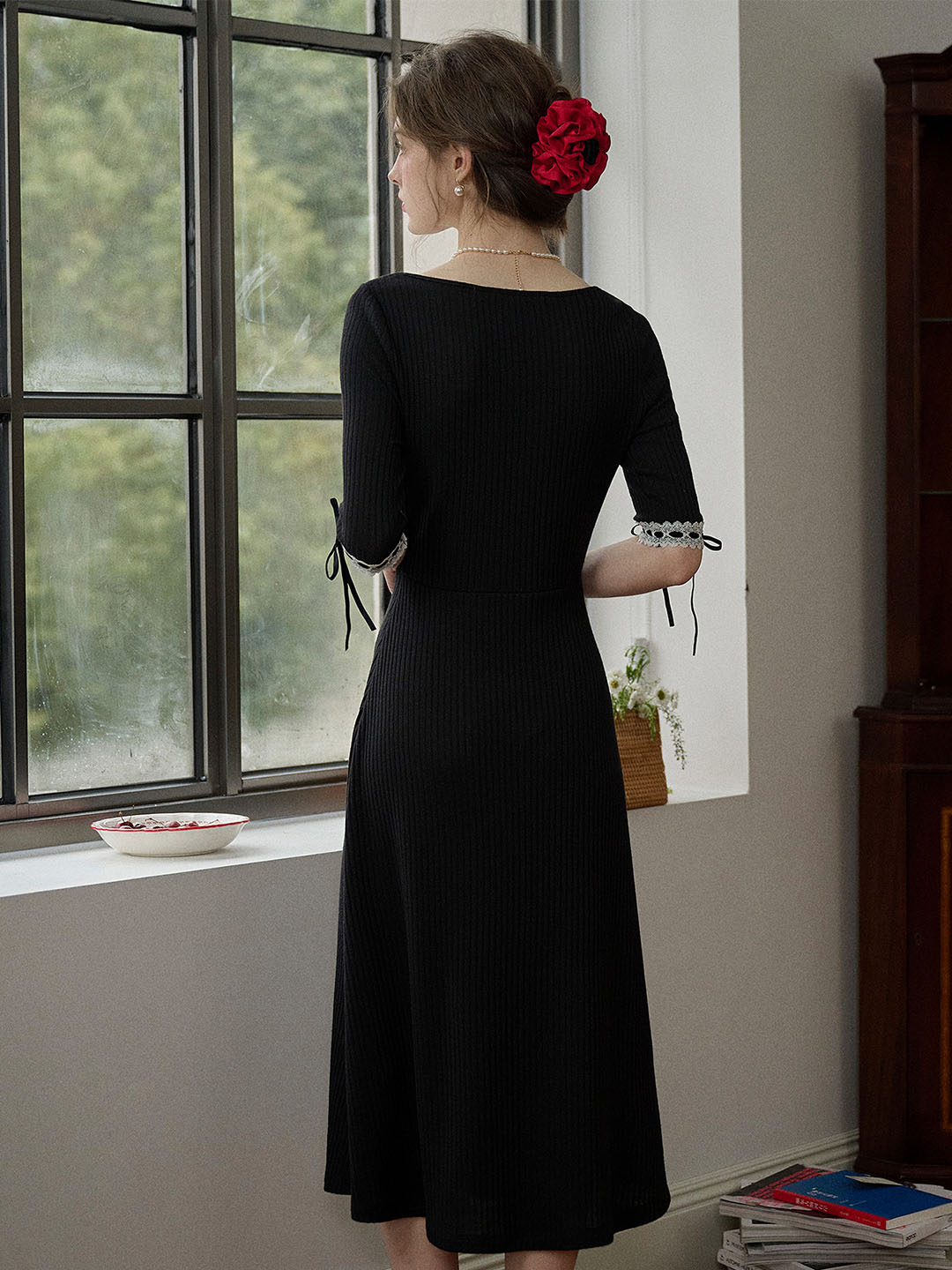 【Final Sale】Michelle Bow Lace Square Neck Knitted Color Block Dress