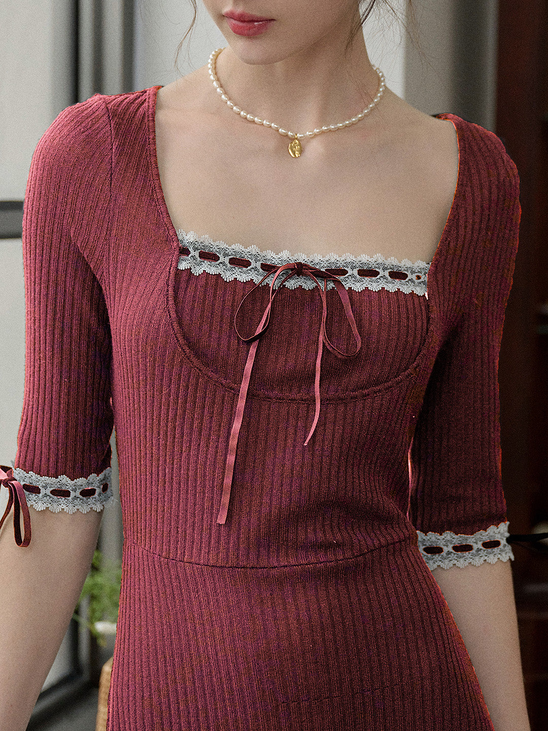 【Final Sale】Eleanora Elegant Square Collar Lace-up Knit Dress