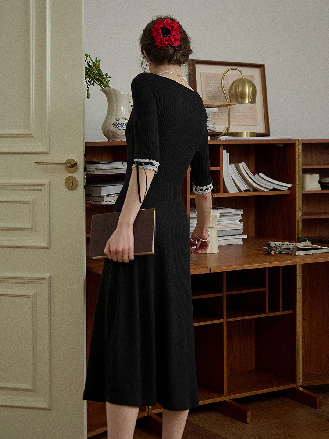 【Final Sale】Michelle Bow Lace Square Neck Knitted Color Block Dress
