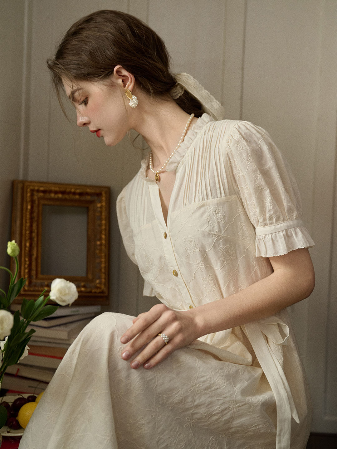 【Final Sale】Aitana Rose Embroidered V-neck Puff Sleeve Lace Cotton Dress