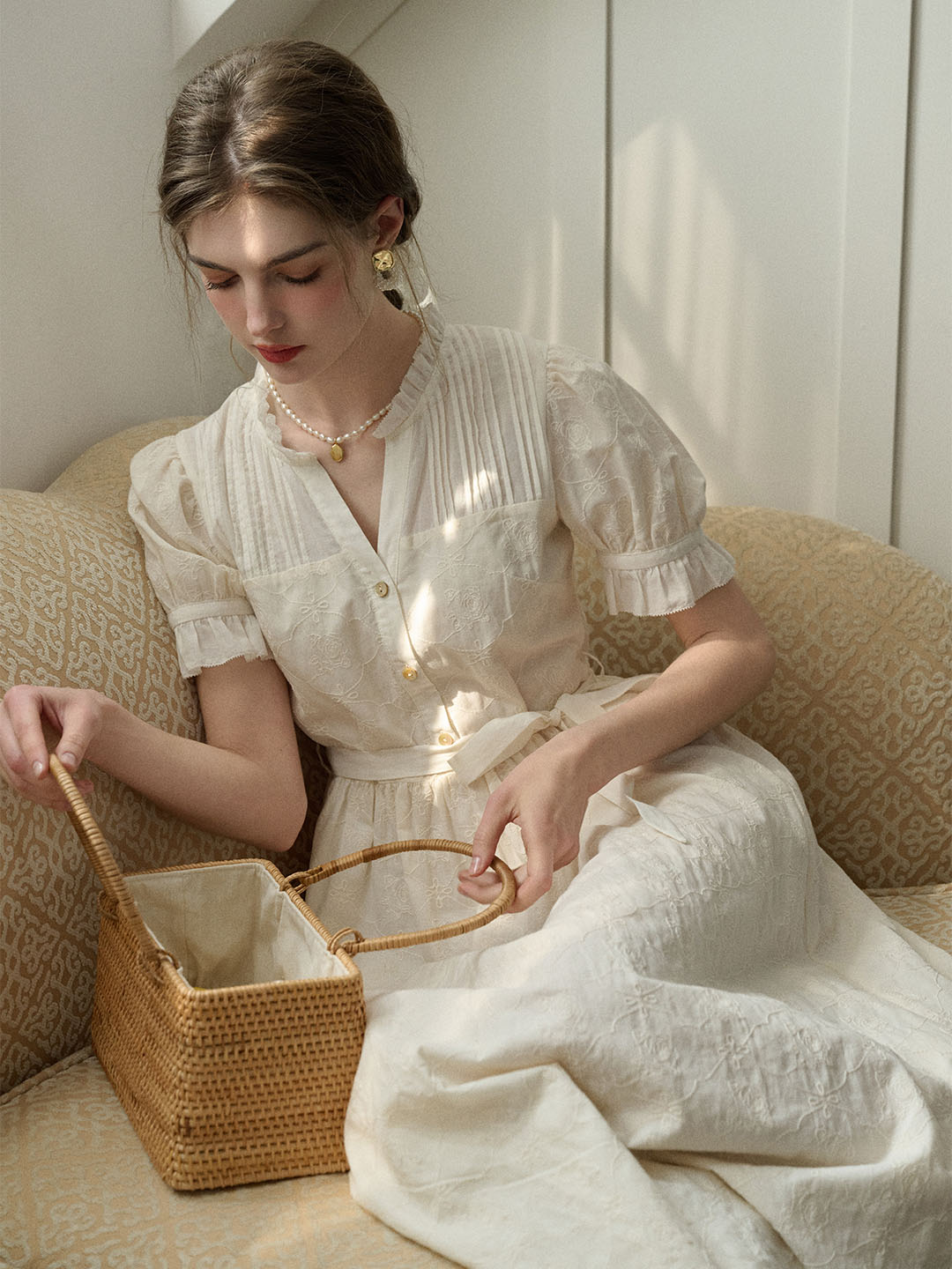 【Final Sale】Aitana Rose Embroidered V-neck Puff Sleeve Lace Cotton Dress