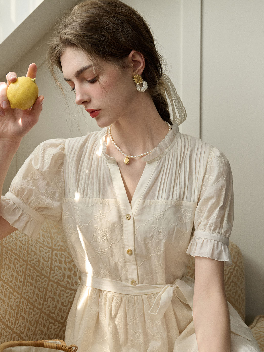 【Final Sale】Aitana Rose Embroidered V-neck Puff Sleeve Lace Cotton Dress