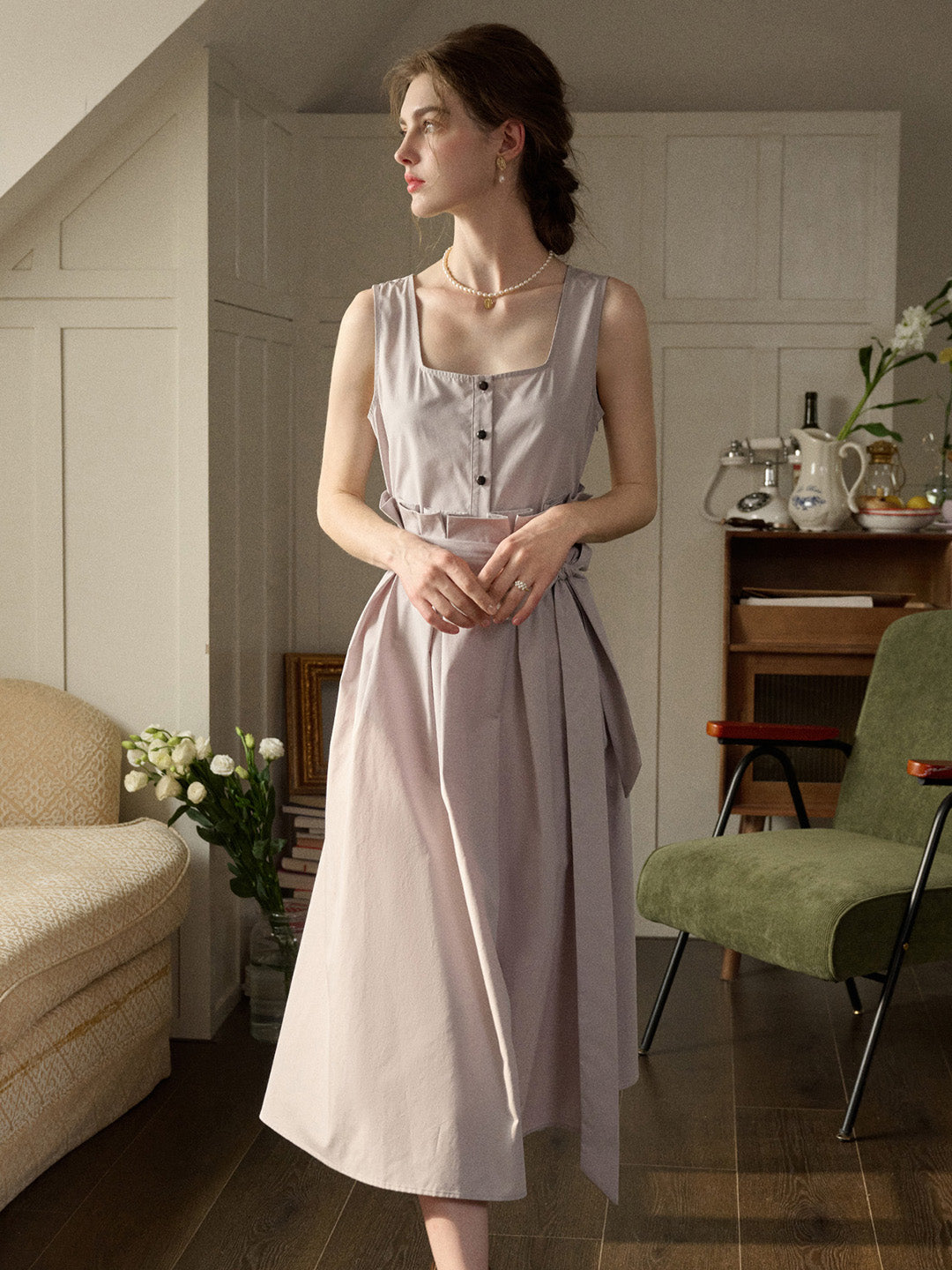 【Final Sale】Mila Bateau Neck Sleeveless Cotton Dress - Gray