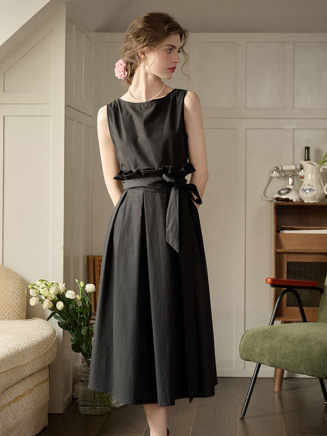 【Final Sale】Mila Bateau Neck Sleeveless Cotton Dress - Black