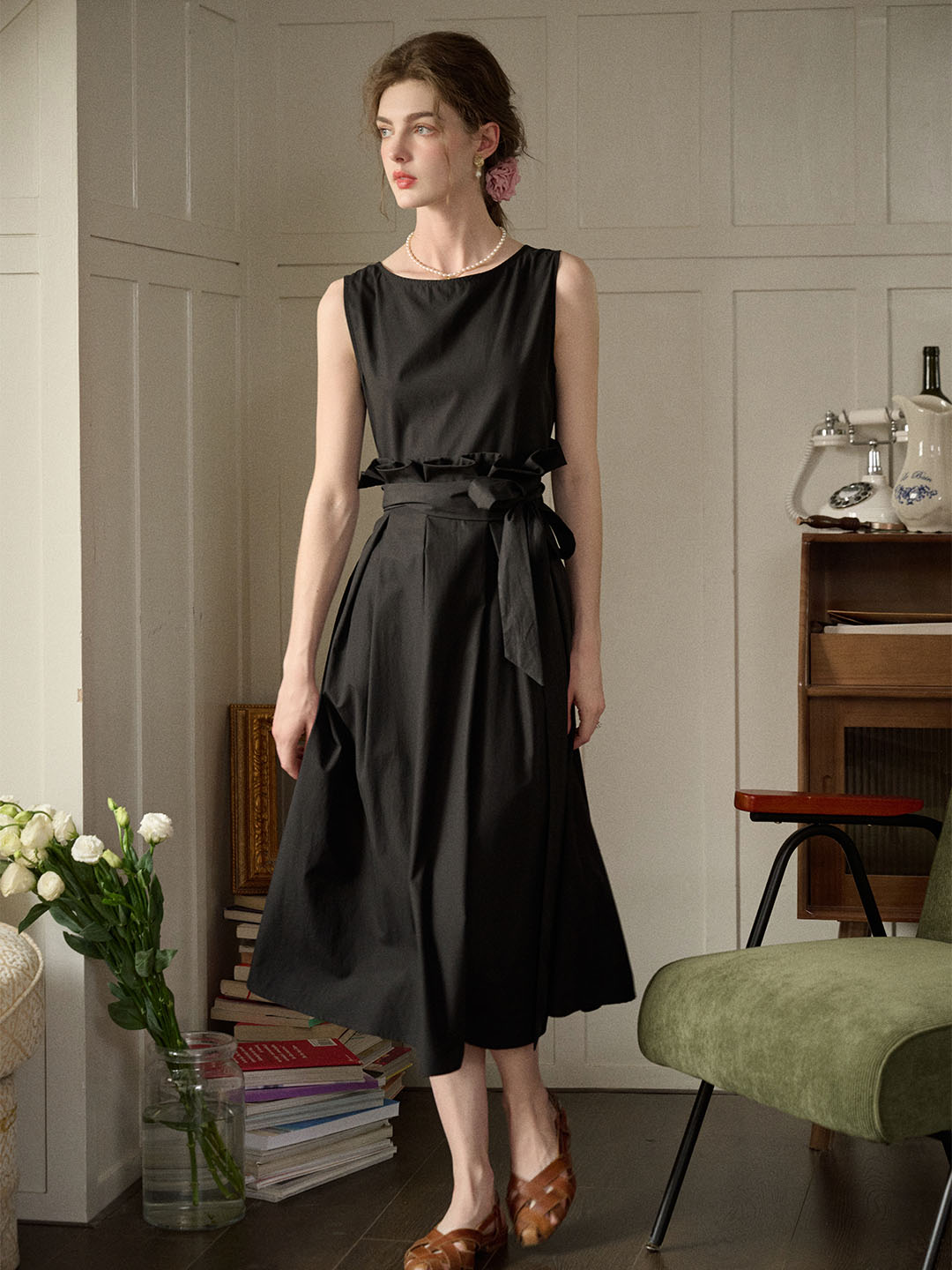 【Final Sale】Mila Bateau Neck Sleeveless Cotton Dress - Black