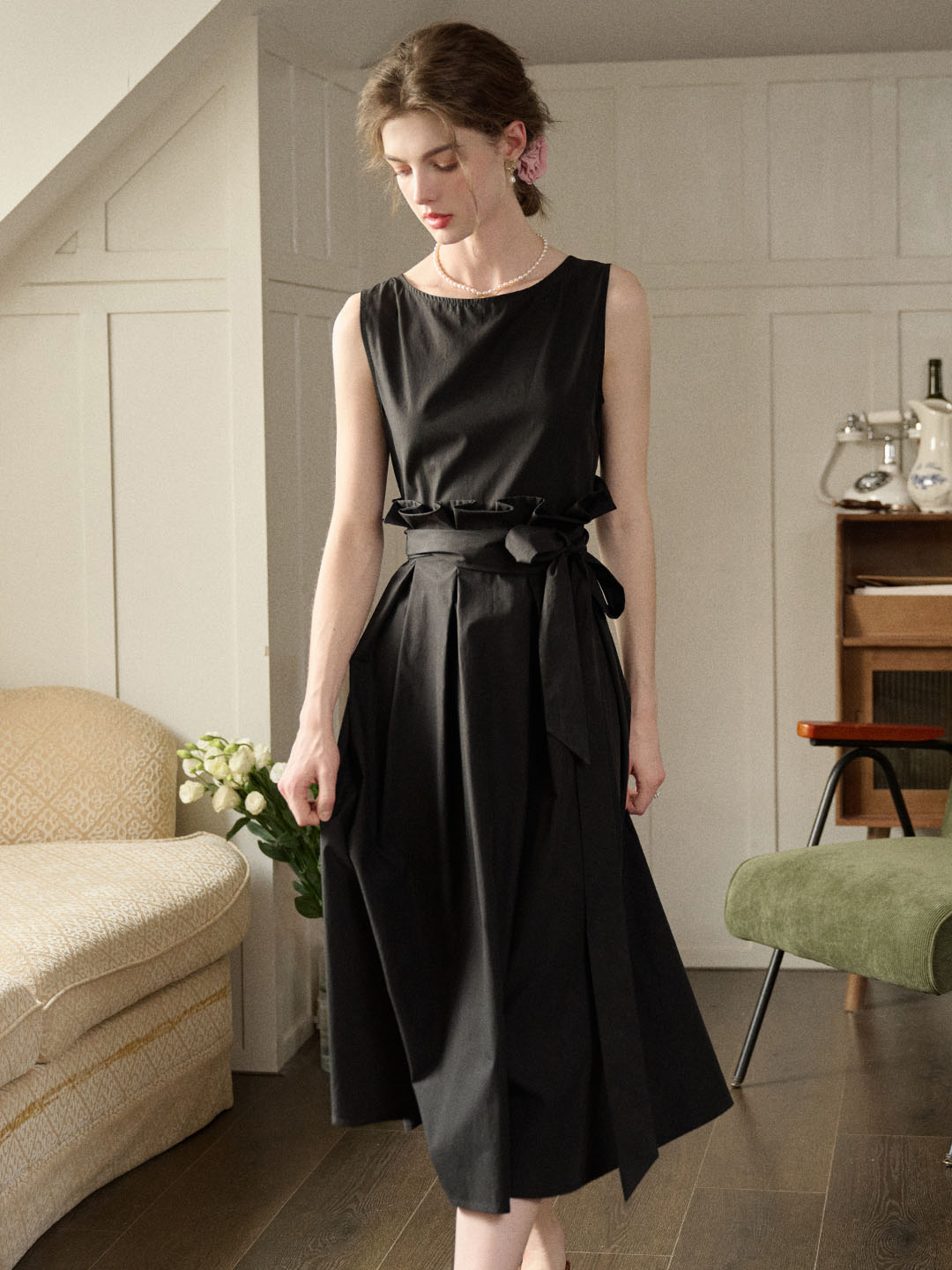 【Final Sale】Mila Bateau Neck Sleeveless Cotton Dress - Black