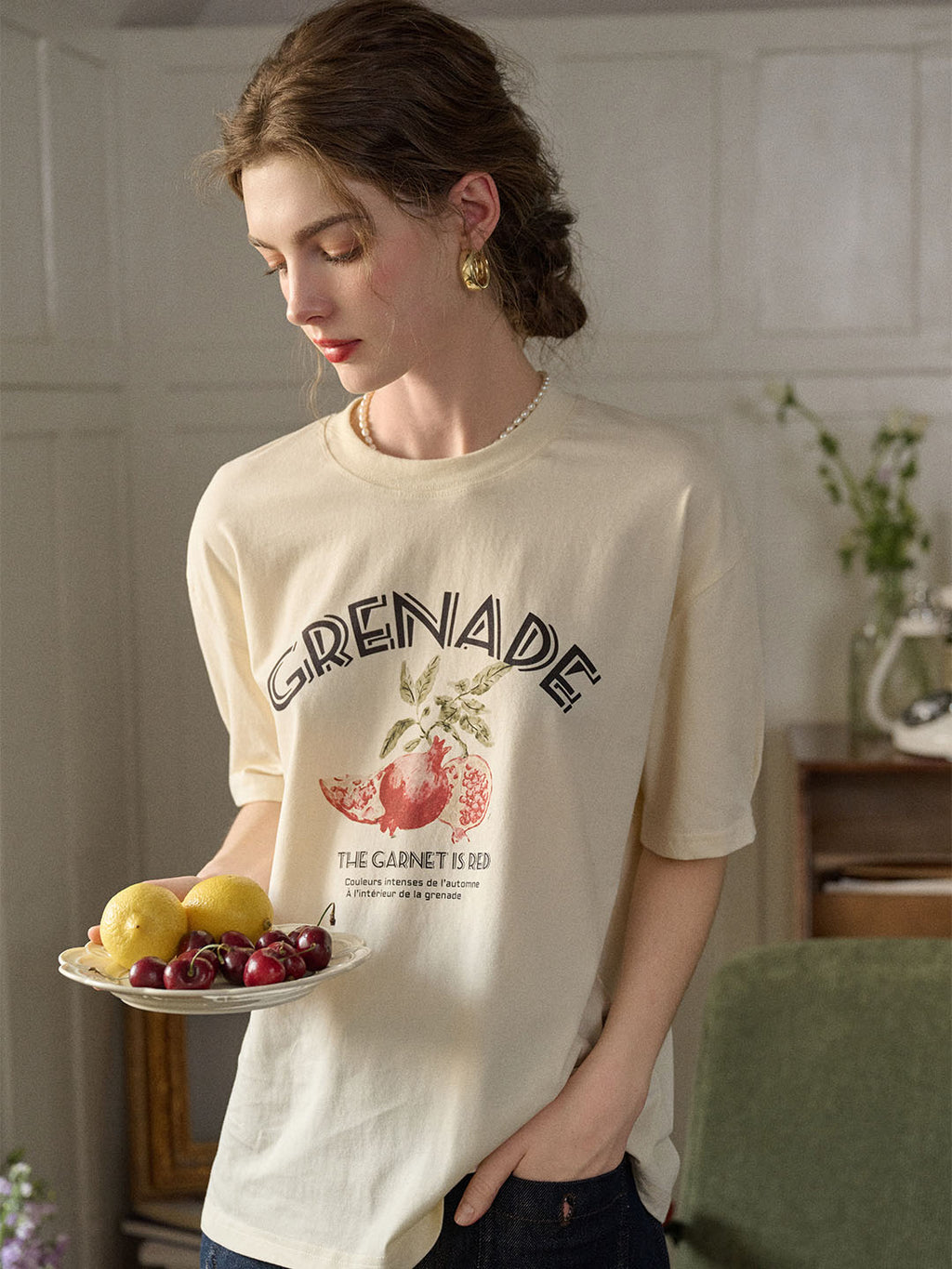 Amirah Classic Crew Neck Pomegranate Print Cotton T shirt
