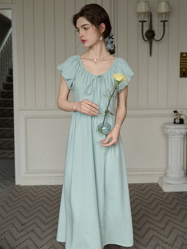 Elianna Bow V-neck Puff Sleeve A-line Dress- Mint Green