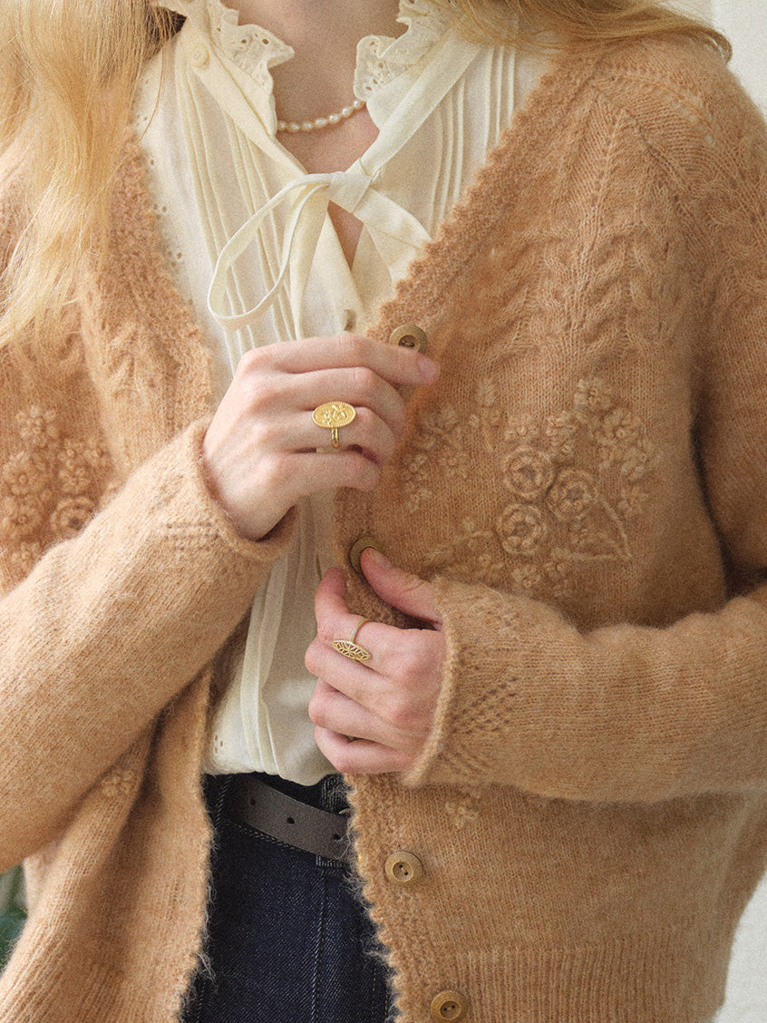 Ottilie Embroidered Rose V-Neck Cable Cardigan