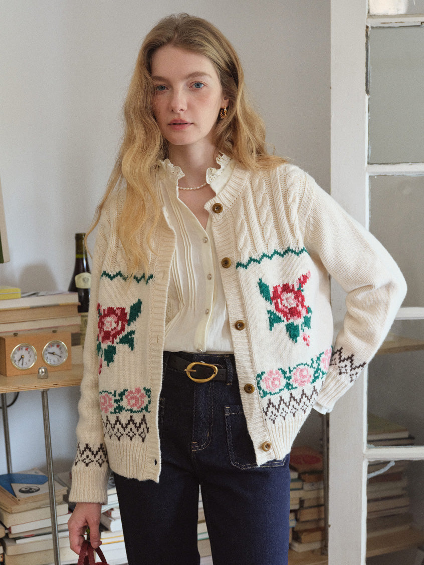 Rosalind Rose-Jacquard Folk Cropped Wool Cardigan