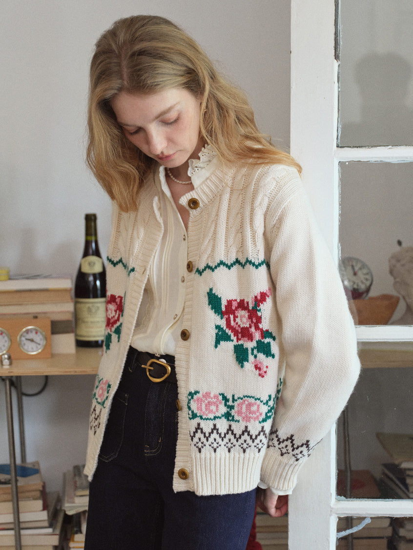 Rosalind Rose-Jacquard Folk Cropped Wool Cardigan