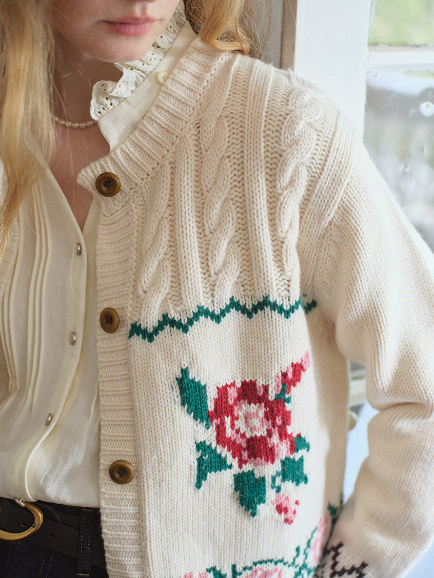 Rosalind Rose-Jacquard Folk Cropped Wool Cardigan