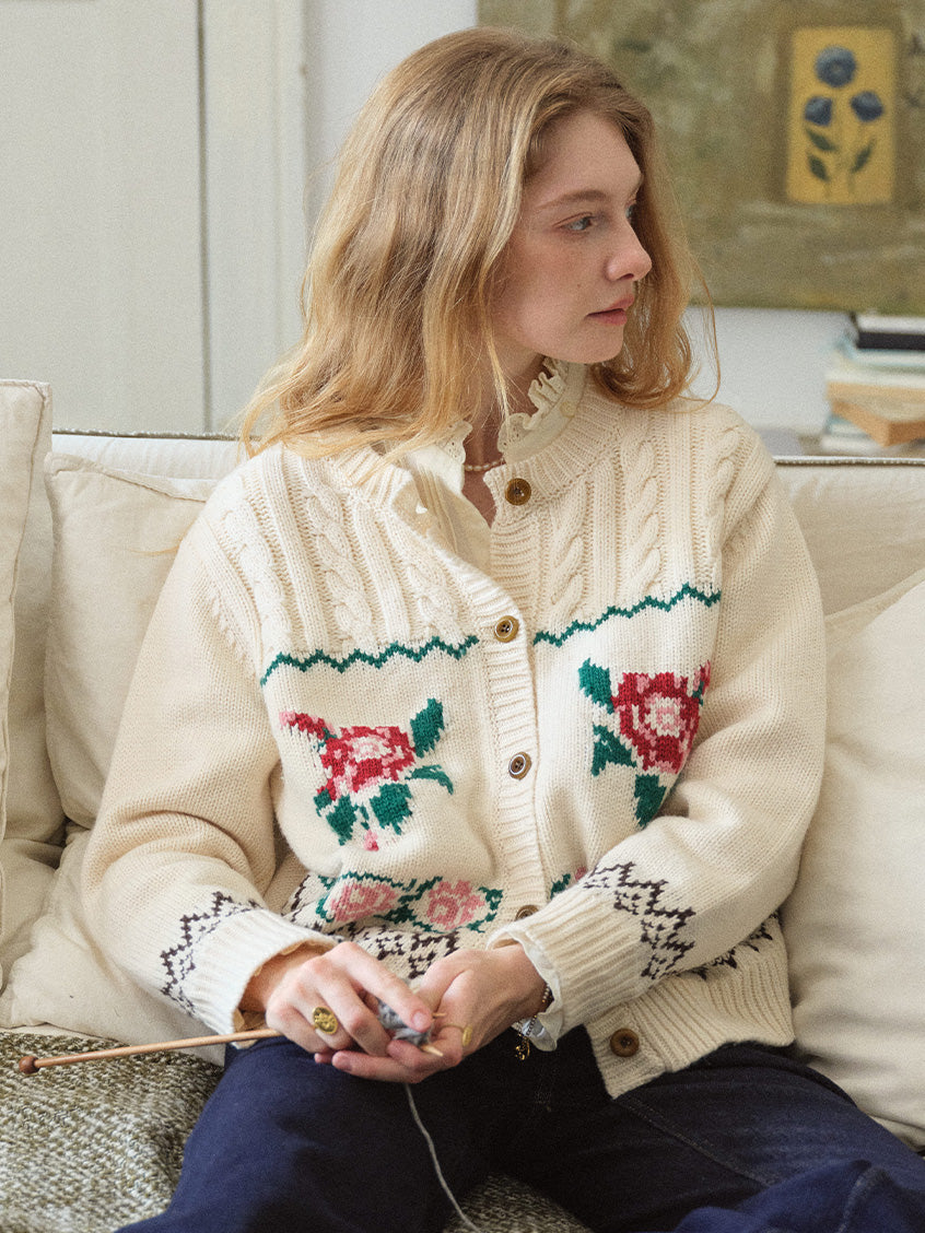 Rosalind Rose-Jacquard Folk Cropped Wool Cardigan