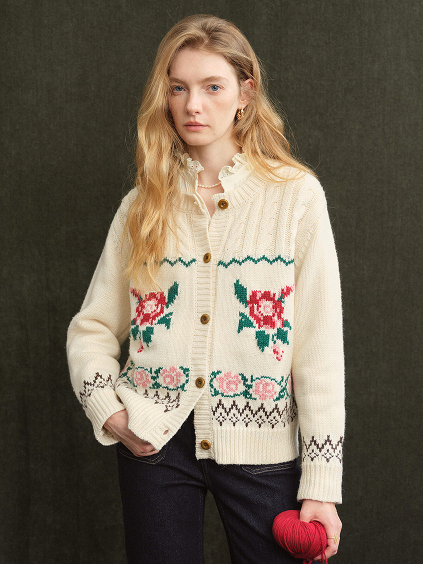 Rosalind Rose-Jacquard Folk Cropped Wool Cardigan