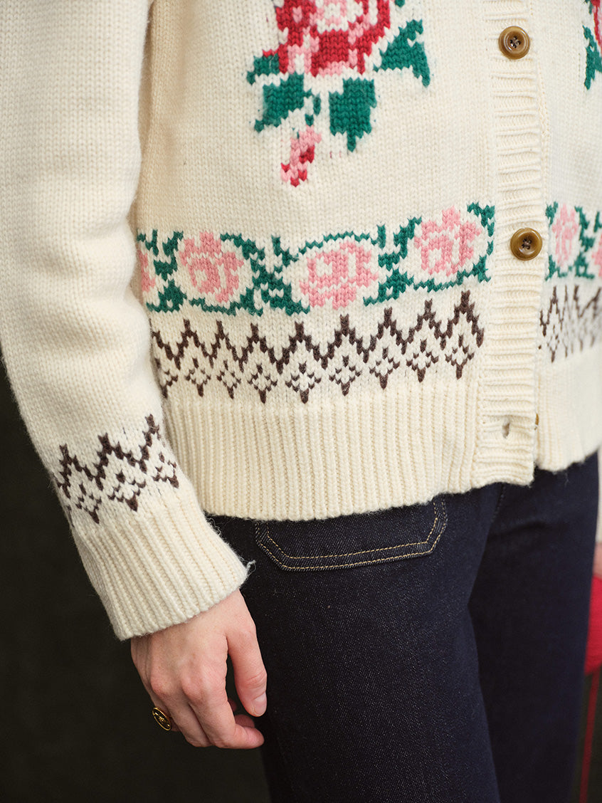 Rosalind Rose-Jacquard Folk Cropped Wool Cardigan