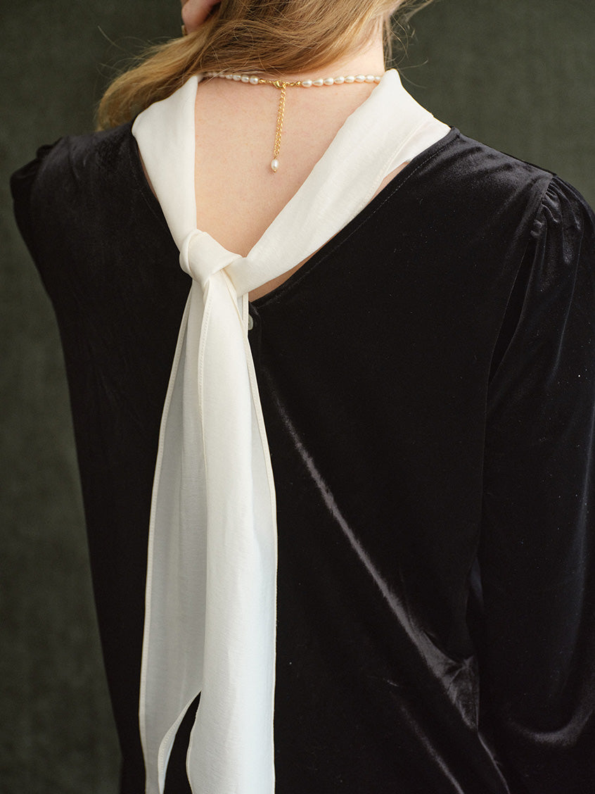Sonia Lace Two-Way Tie-Collar Velvet Blouse