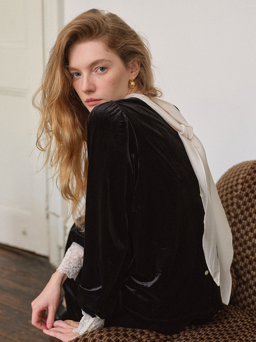 Sonia Lace Two-Way Tie-Collar Velvet Blouse