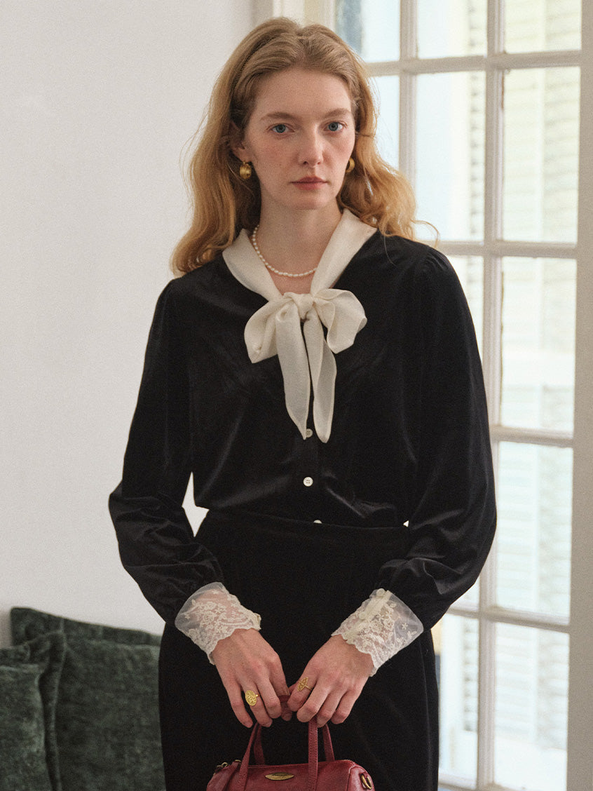 Sonia Lace Two-Way Tie-Collar Velvet Blouse