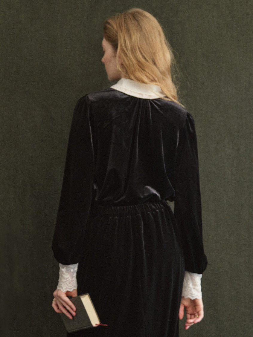 Sonia Lace Two-Way Tie-Collar Velvet Blouse