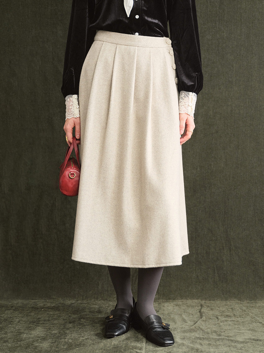 Modesty Pleated Buttoned Tweed Midi Skirt