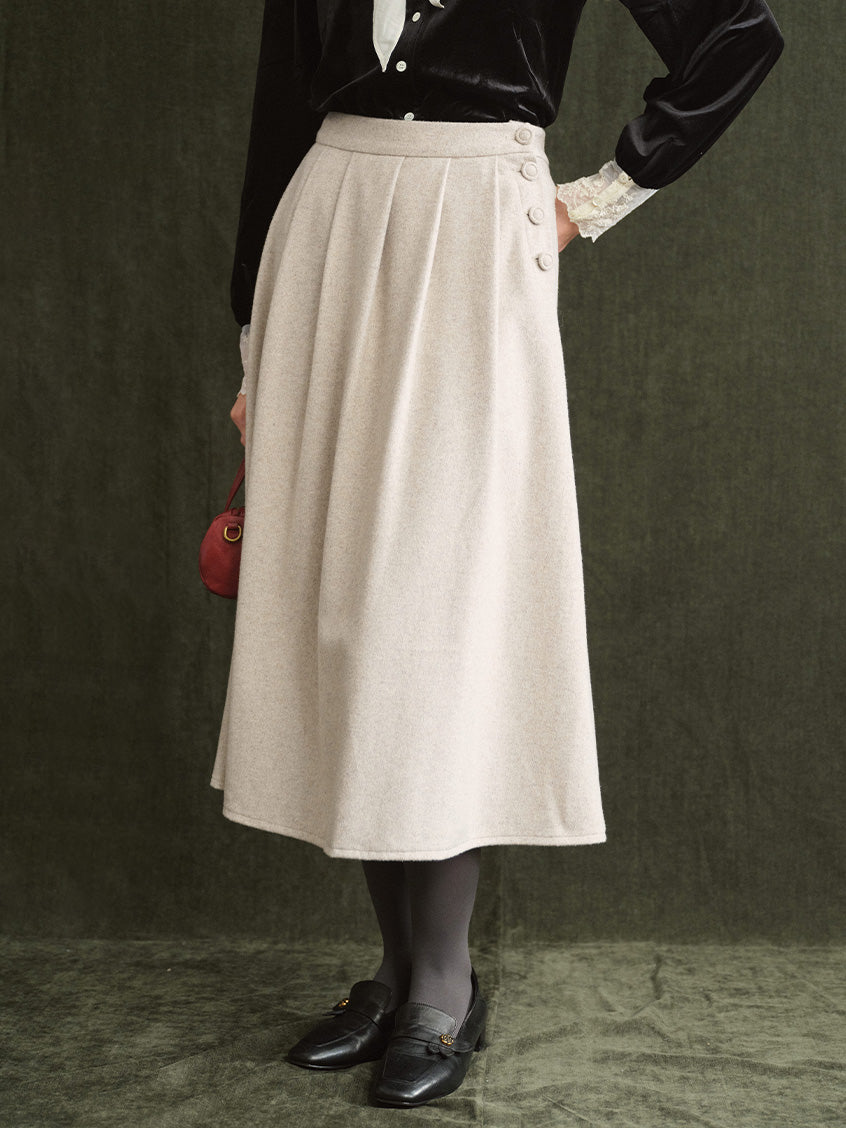 Modesty Pleated Buttoned Tweed Midi Skirt