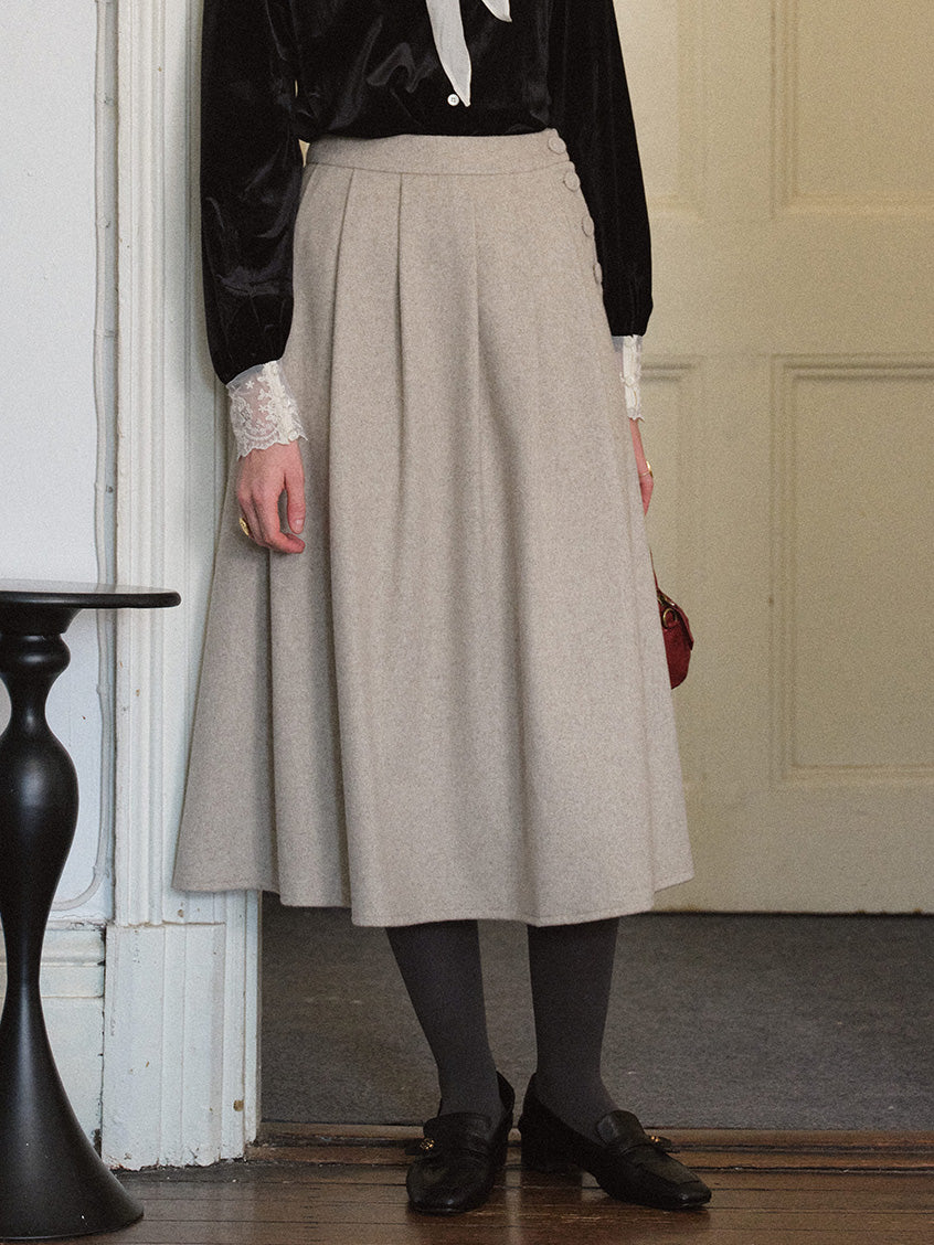 Modesty Pleated Buttoned Tweed Midi Skirt