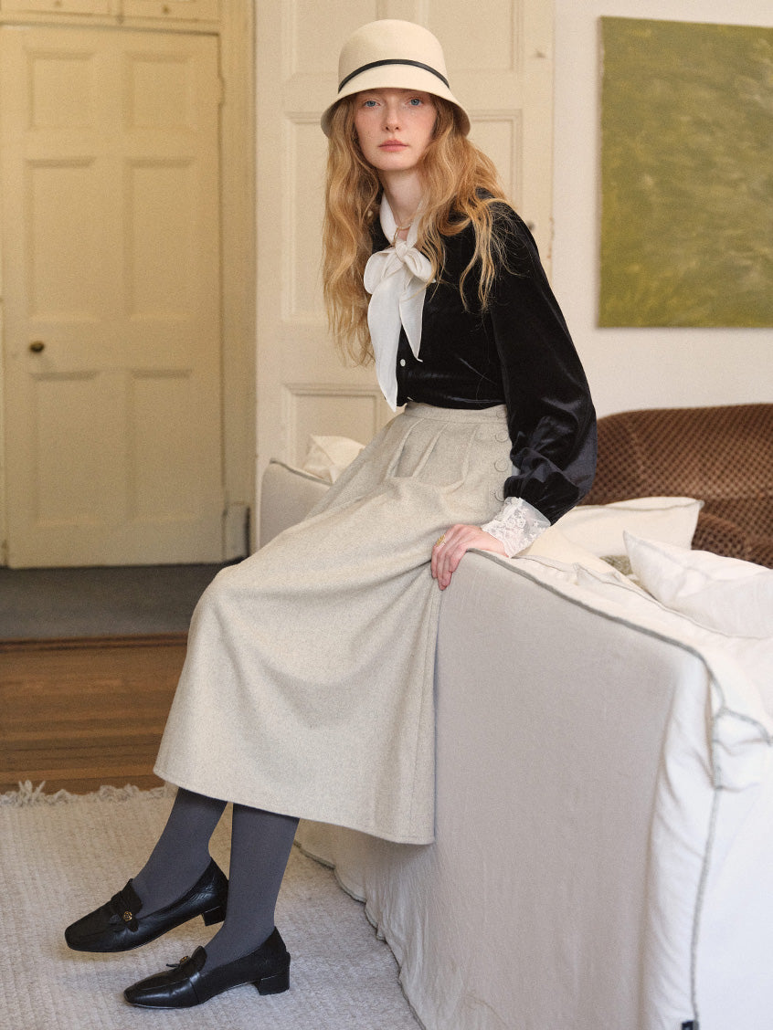 Modesty Pleated Buttoned Tweed Midi Skirt