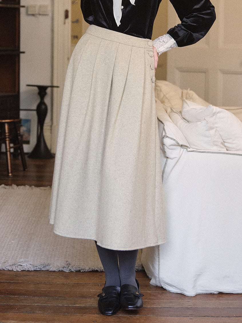 Modesty Pleated Buttoned Tweed Midi Skirt