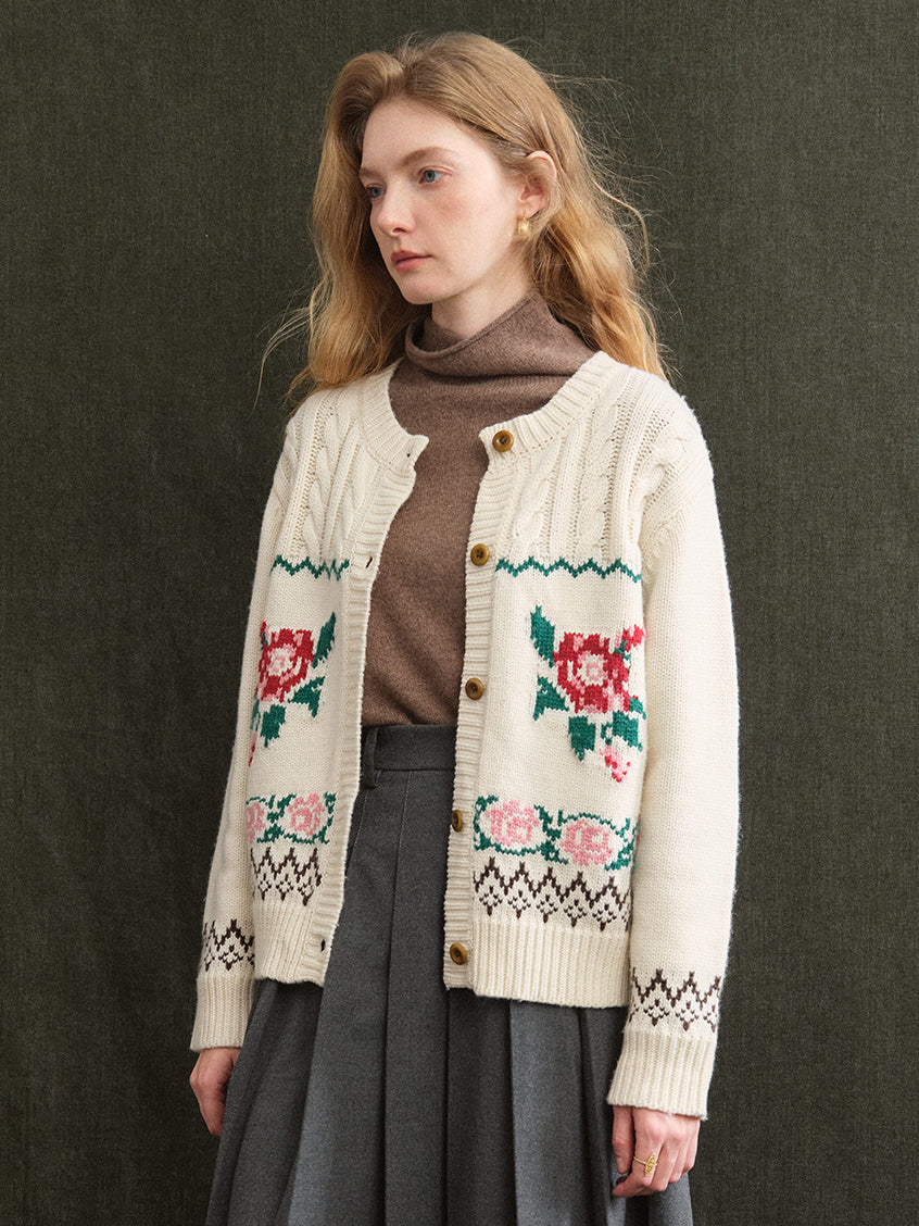 Rosalind Rose-Jacquard Folk Cropped Wool Cardigan