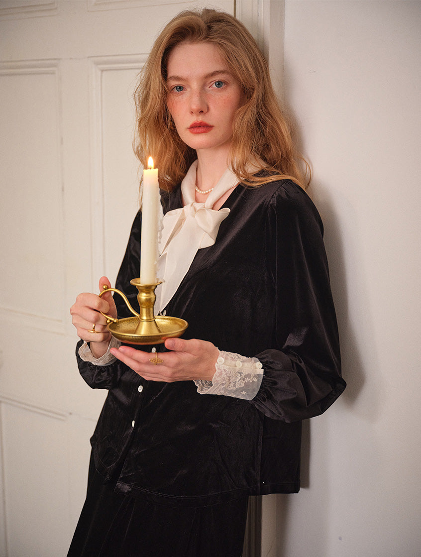 Sonia Lace Two-Way Tie-Collar Velvet Blouse