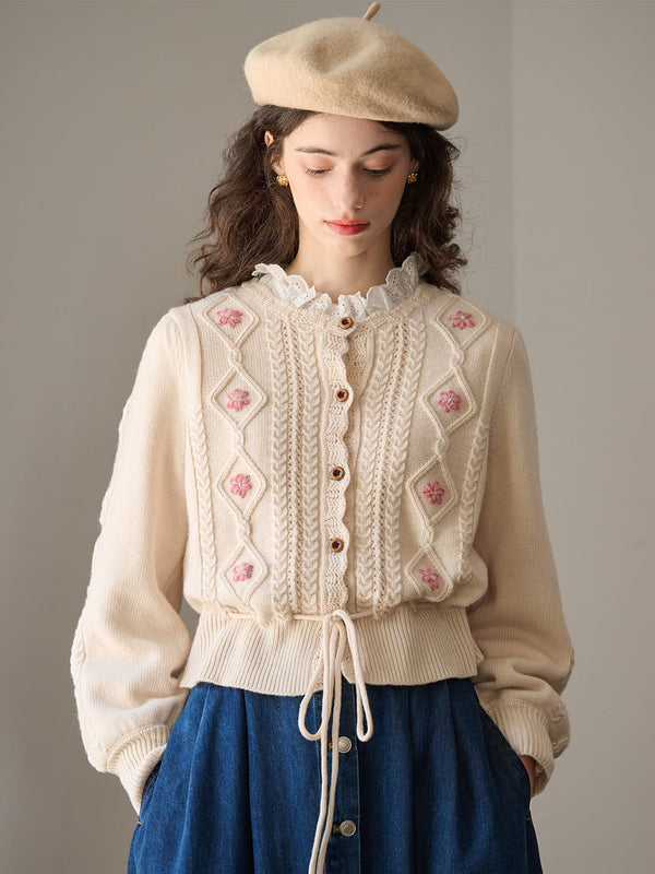 Willow Floral Embroidery Lantern Sleeve Knot Hem Knit Cardigan-Off-white