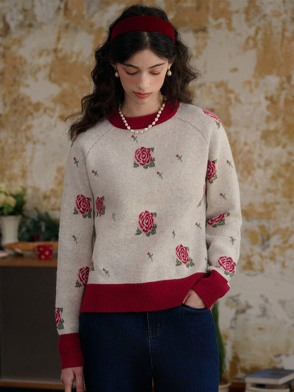 【Pre-order】Emersyn Contrast Color Crew Neck Rose Sweater