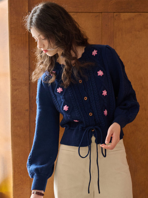Willow Floral Embroidery Lantern Sleeve Knot Hem Knit Cardigan-Blue