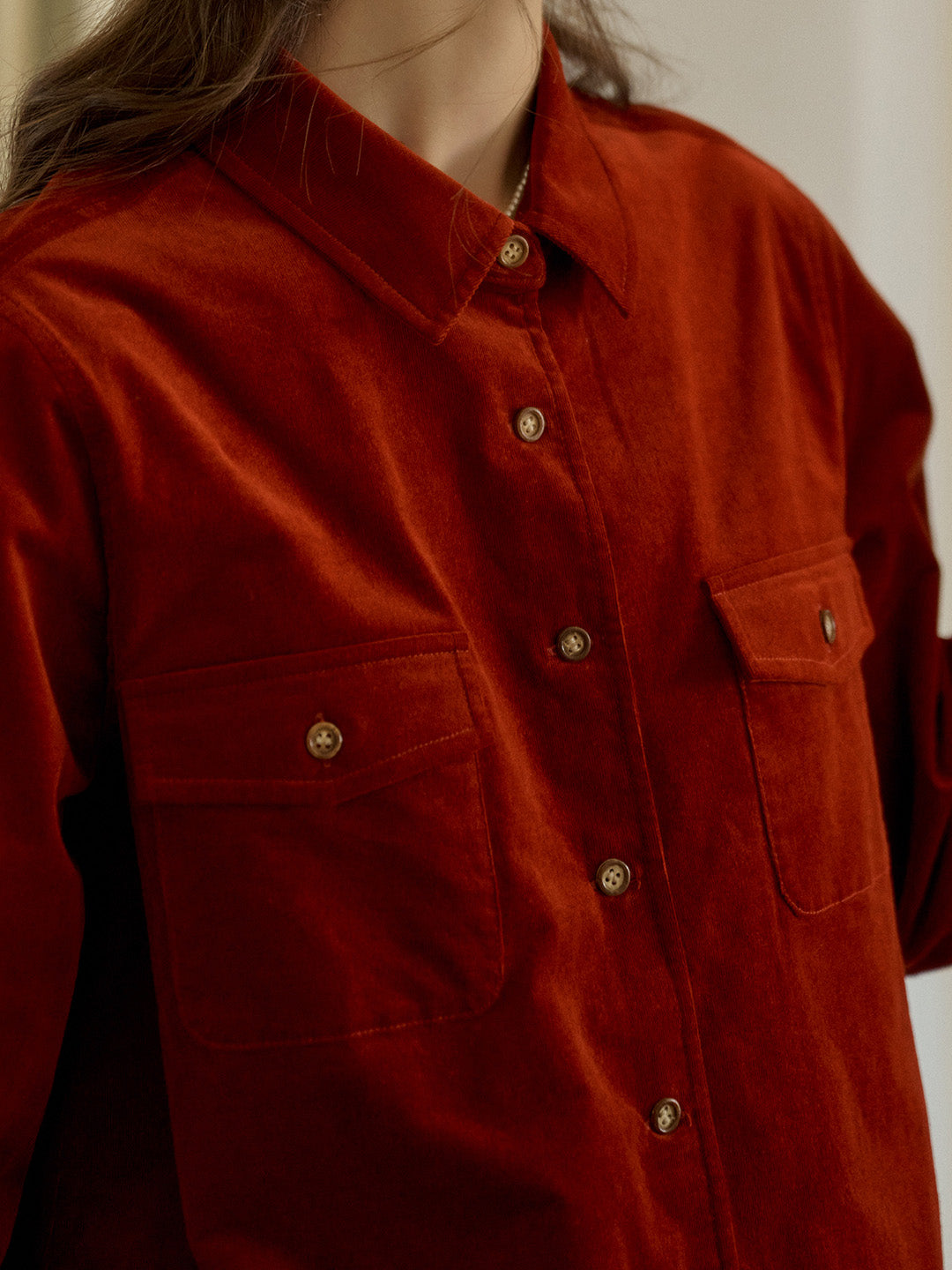 Anais Classic Notched Collar Pocket Corduroy Shirt - Red
