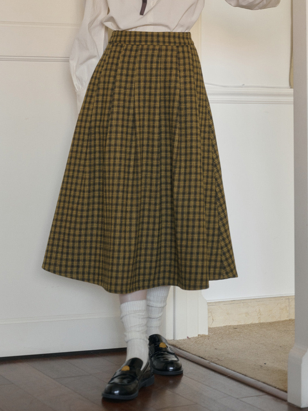 Zoya Yellow Plaid  Wool A-line Pocket Wool Skirt - Yellow