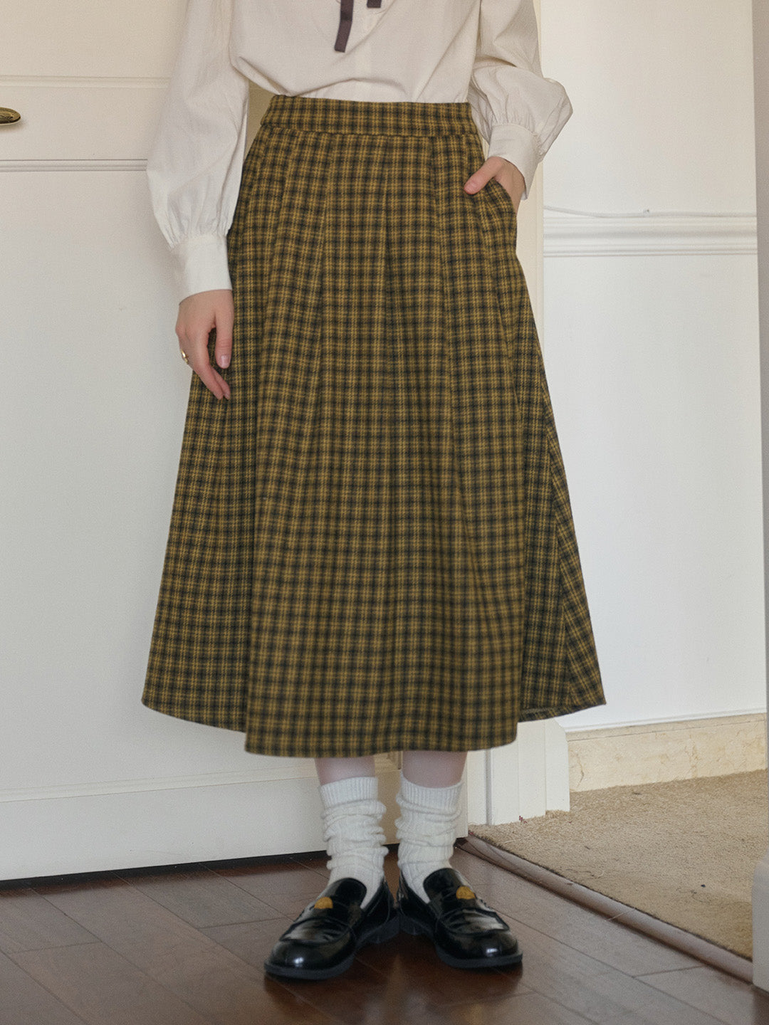 Zoya Yellow Plaid  Wool A-line Pocket Wool Skirt - Yellow