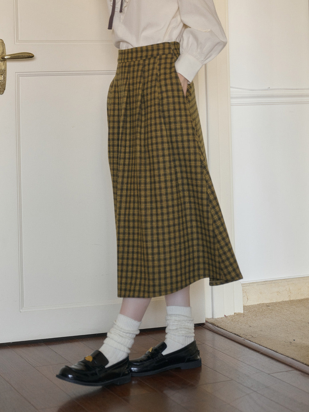 Zoya Yellow Plaid  Wool A-line Pocket Wool Skirt - Yellow