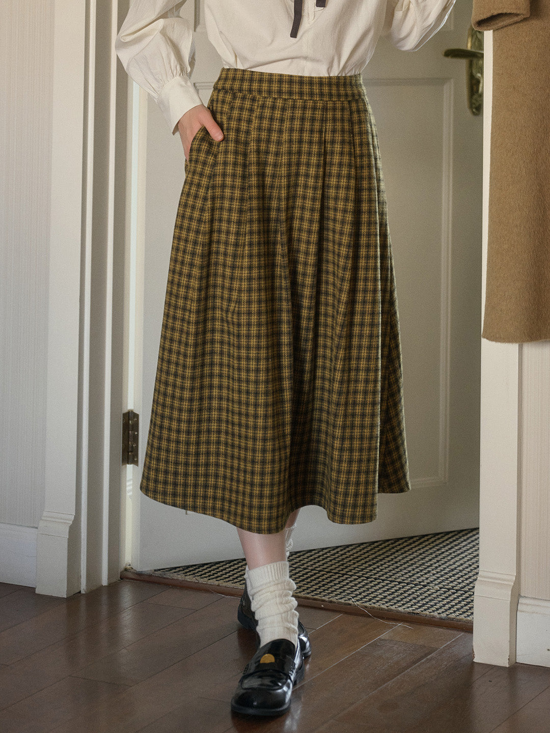 Zoya Yellow Plaid  Wool A-line Pocket Wool Skirt - Yellow