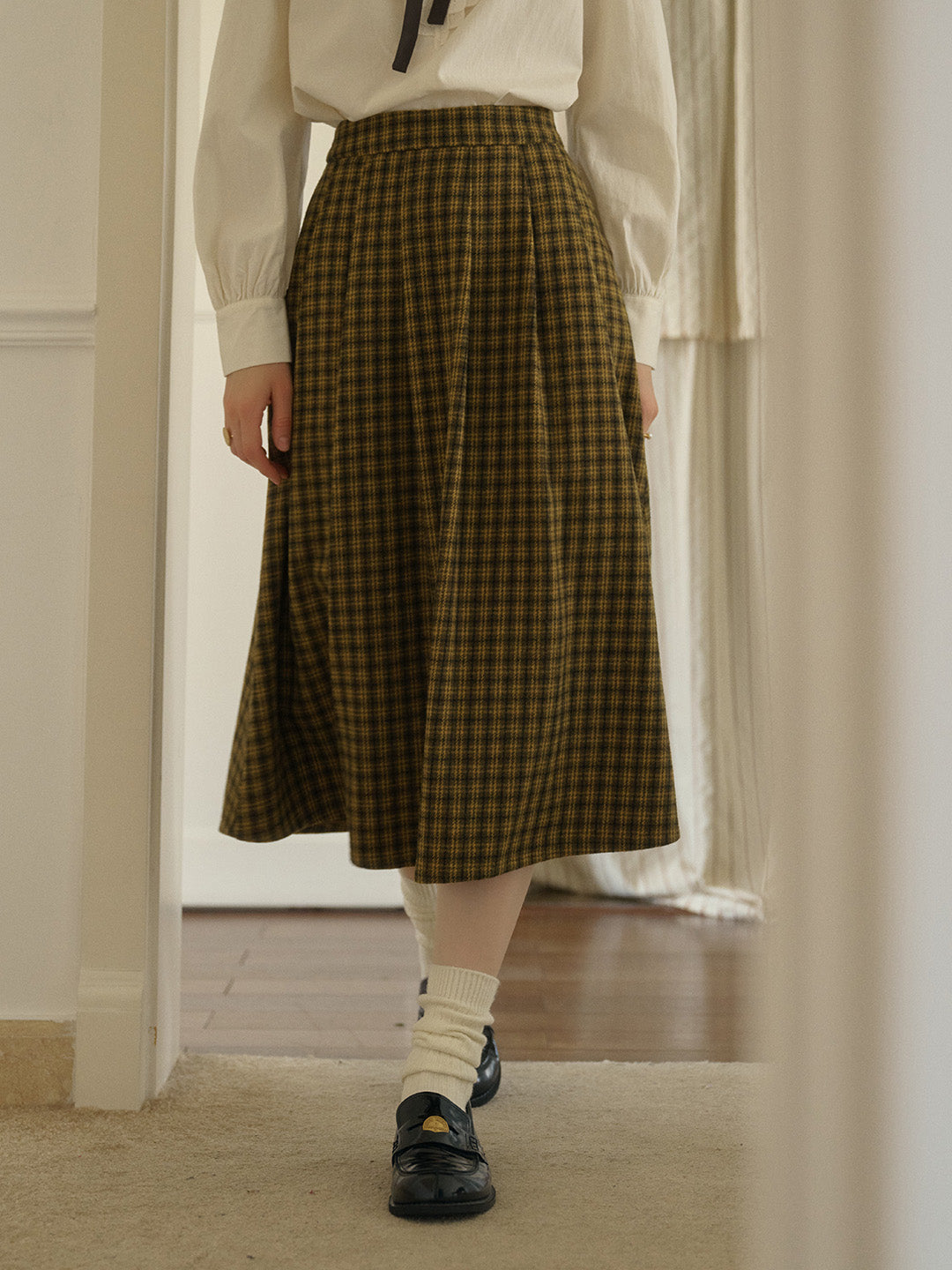 Zoya Yellow Plaid  Wool A-line Pocket Wool Skirt - Yellow