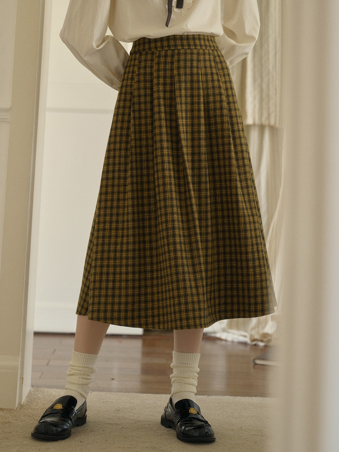 Zoya Yellow Plaid  Wool A-line Pocket Wool Skirt - Yellow