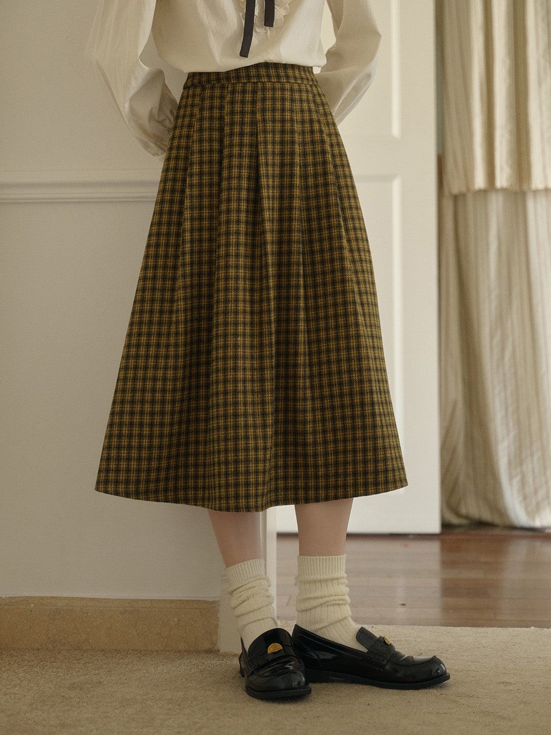 Zoya Yellow Plaid  Wool A-line Pocket Wool Skirt - Yellow